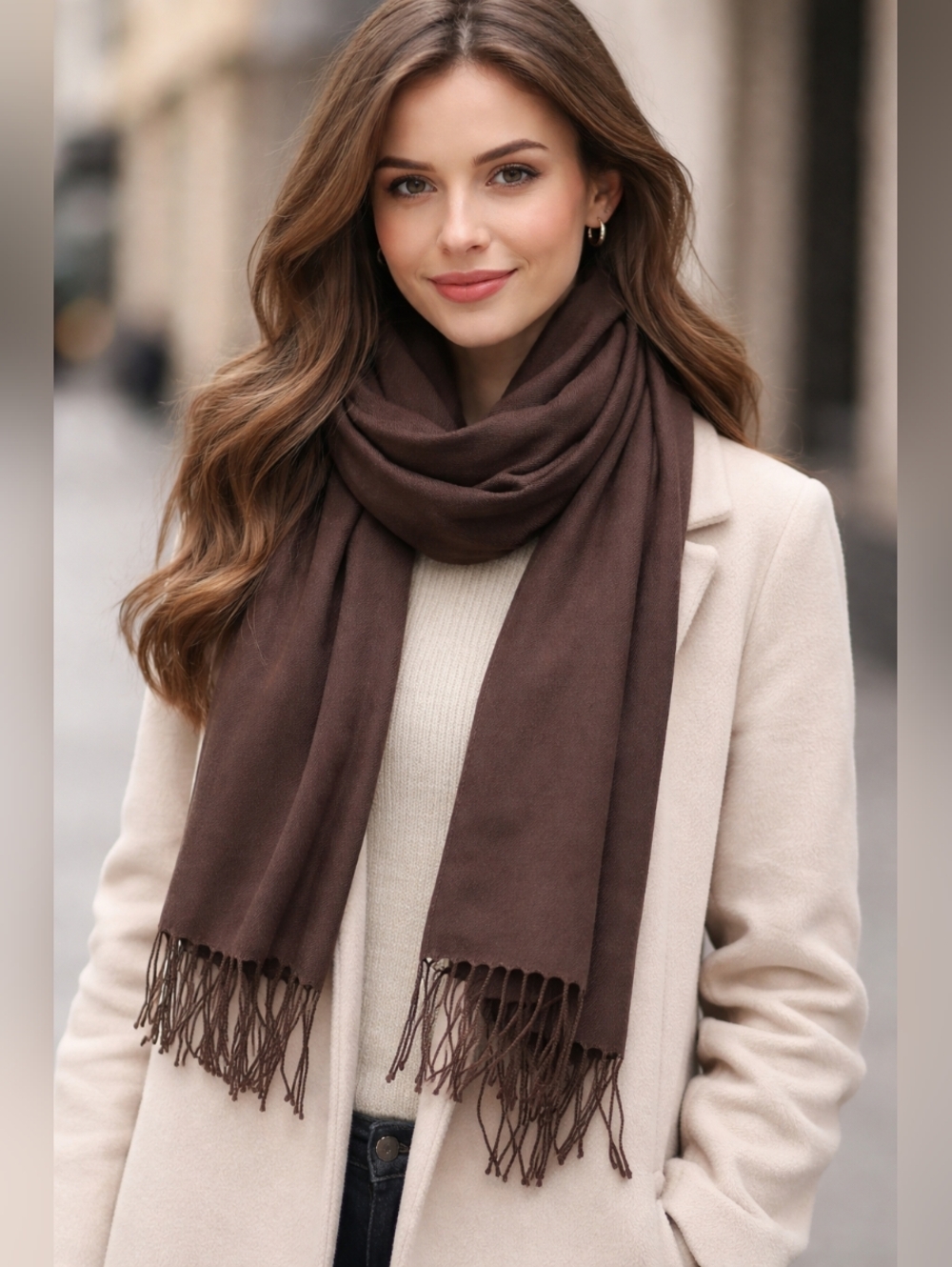 pashmina Brown Men's Scarf - Smooth Fringe Pashmina 100% cashmere